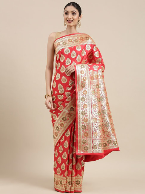 Banarasi Silk Works Red Silk Woven Saree With Unstitched Blouse Price in India