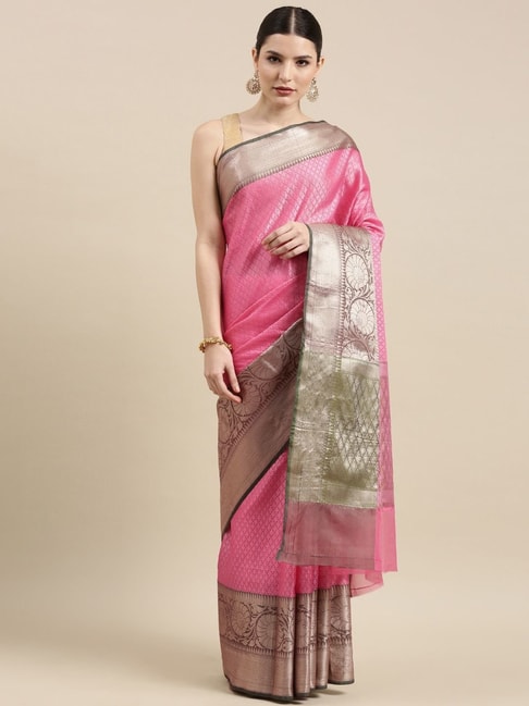 Banarasi Silk Works Pink Silk Woven Saree With Unstitched Blouse Price in India
