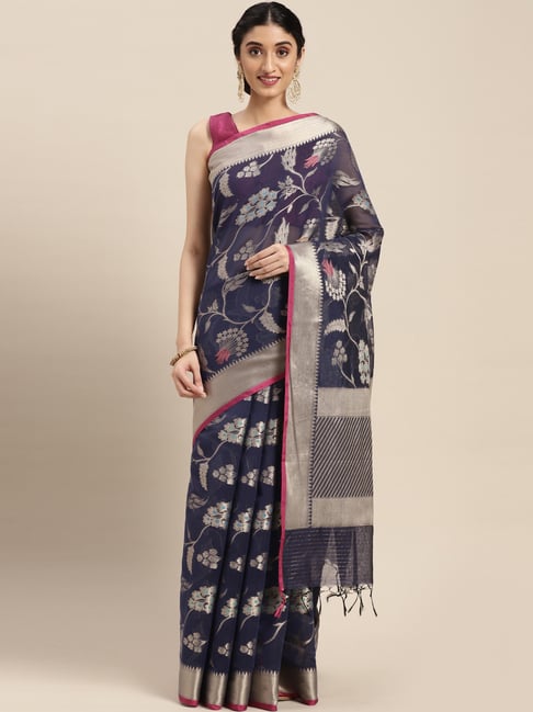 Banarasi Silk Works Blue Cotton Woven Saree With Unstitched Blouse Price in India