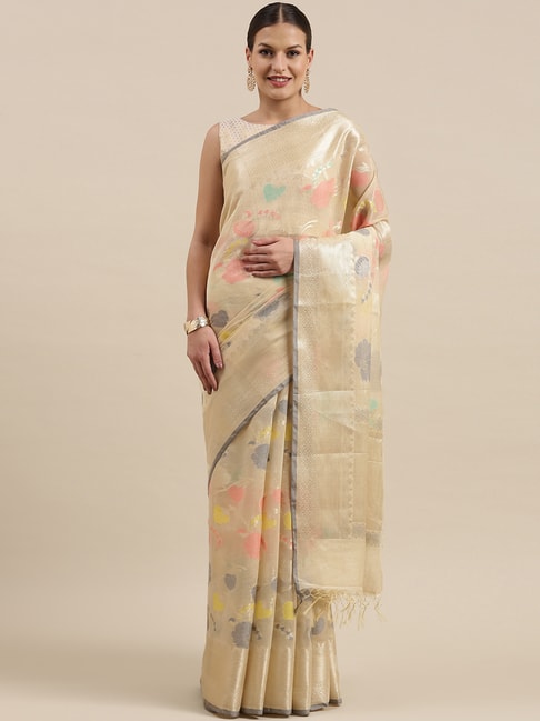 Banarasi Silk Works Beige Cotton Woven Saree With Unstitched Blouse Price in India