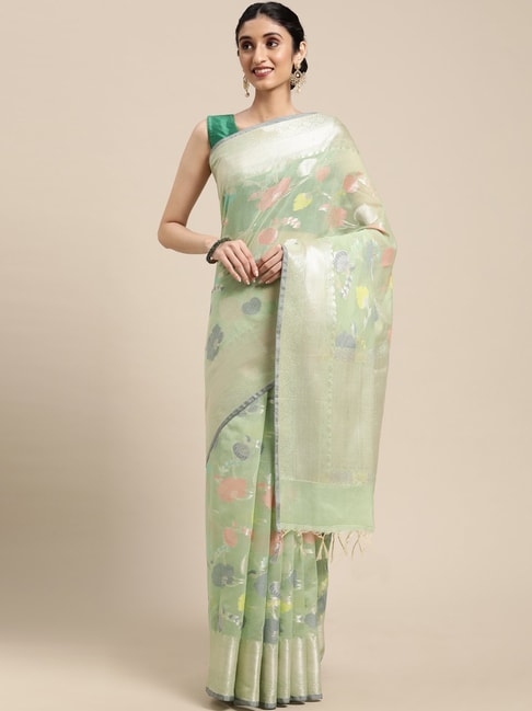 Banarasi Silk Works Pista Green Cotton Woven Saree With Unstitched Blouse Price in India