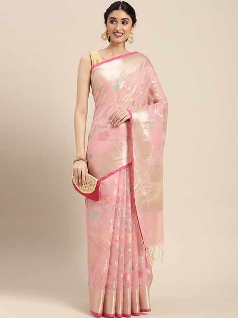 Banarasi Silk Works Pink Cotton Woven Saree With Unstitched Blouse Price in India