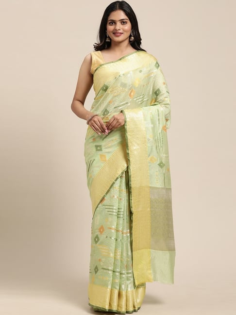 Banarasi Silk Works Pista Green Silk Woven Saree With Unstitched Blouse Price in India