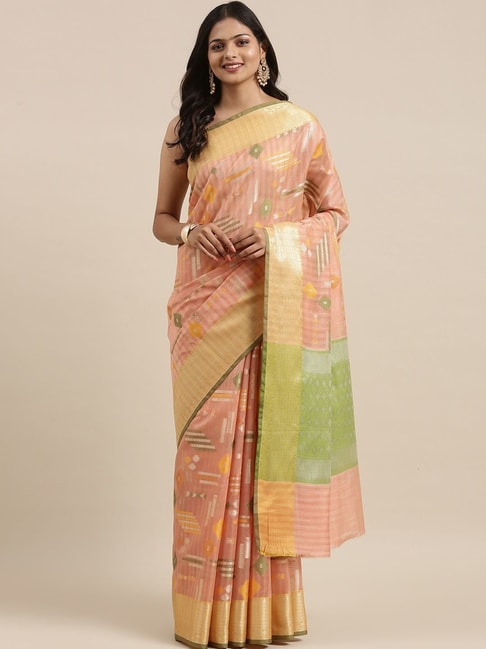 Banarasi Silk Works Peach Silk Woven Saree With Unstitched Blouse Price in India