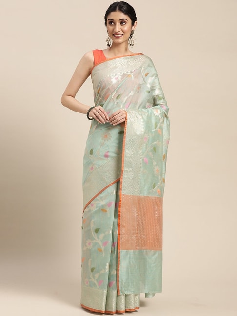 Banarasi Silk Works Sea Green Silk Woven Saree With Unstitched Blouse Price in India