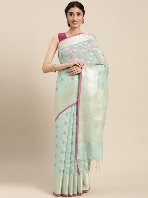 Banarasi Silk Works Sea Green Cotton Woven Saree With Unstitched Blouse Price in India