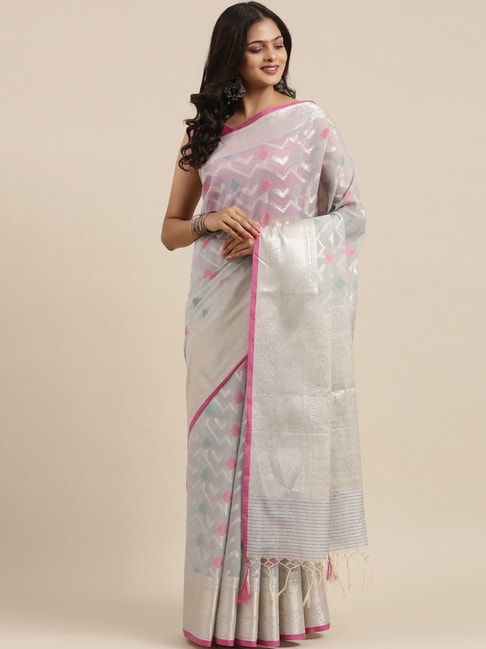 Banarasi Silk Works Grey Cotton Woven Saree With Unstitched Blouse Price in India