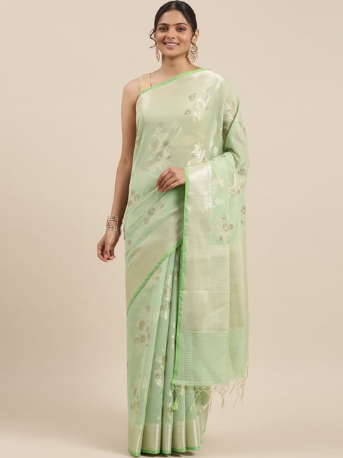 Banarasi Silk Works Pista Green Cotton Woven Saree With Unstitched Blouse Price in India
