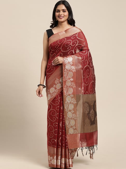 Buy Raspberry Red Banarasi Cotton Saree online-Karagiri