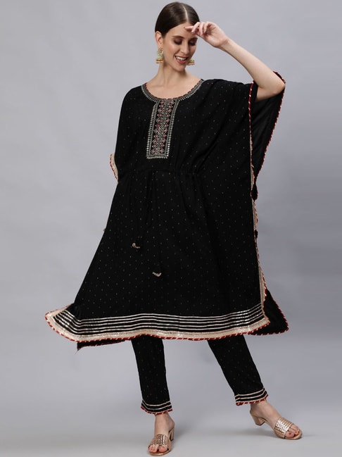 Ishin Black Embroidered Kaftan Pant Set Price in India