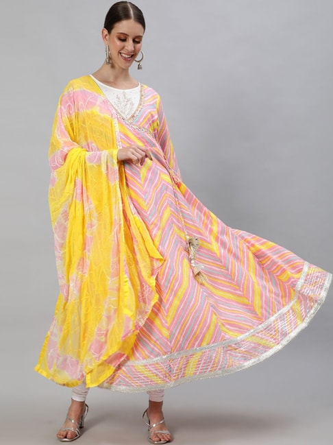 Ishin Pink Cotton Embroidered A Line Kurta with Dupatta Price in India