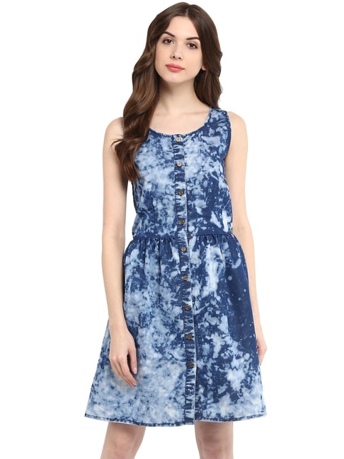 StyleStone Blue Printed Fit & Flare Dress Price in India
