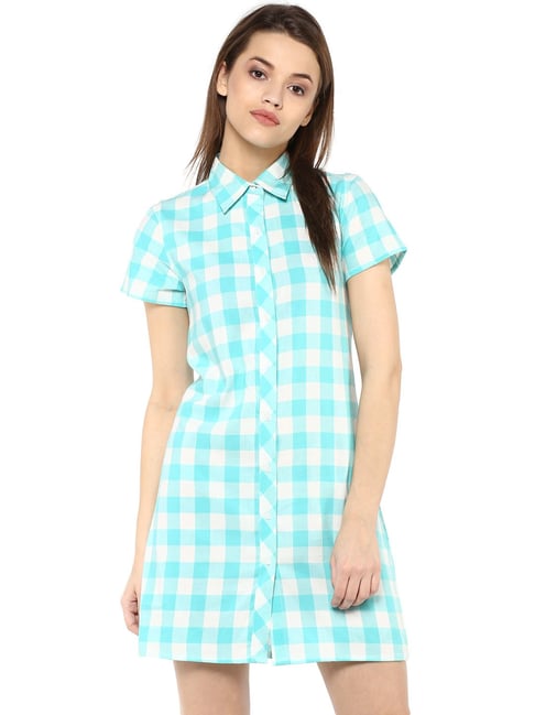StyleStone Aqua Blue & White Checks Shirt Dress Price in India