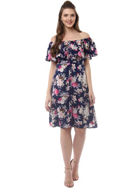 StyleStone Navy Floral Print Fit & Flare Dress Price in India