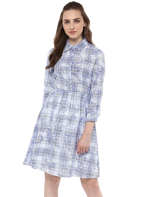 StyleStone Blue & White Checks Fit & Flare Dress Price in India