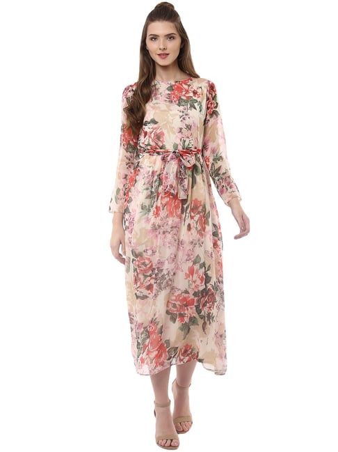 StyleStone Beige Floral Print Fit & Flare Dress Price in India