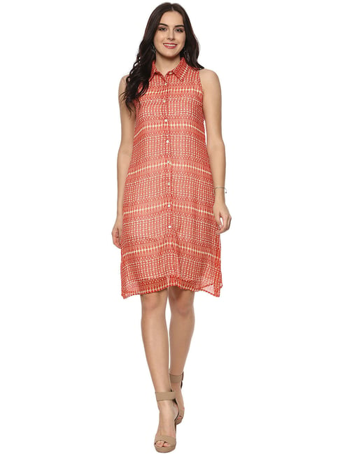 StyleStone Orange & Beige Printed Shirt Dress Price in India