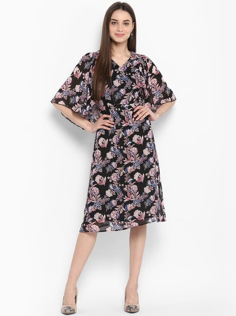 StyleStone Black Floral Print Fit & Flare Dress Price in India
