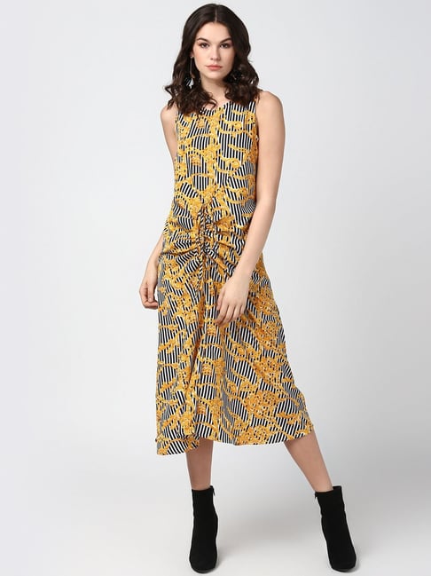 StyleStone Yellow & Black Striped Midi Dress Price in India