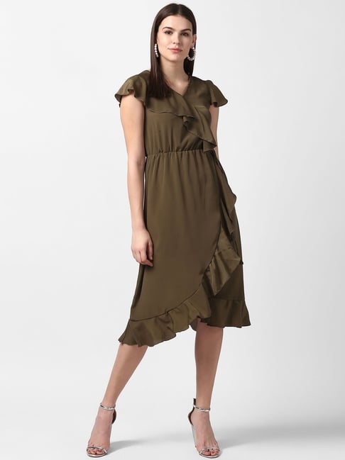 StyleStone Olive Regular Fit High Low Dress Price in India