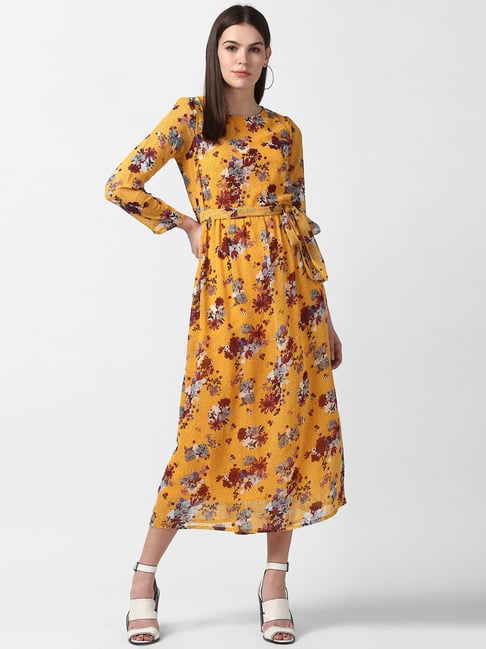 StyleStone Mustard Floral Print Midi Dress Price in India