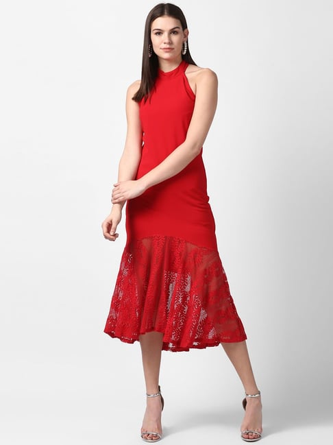 StyleStone Red Lace Fit & Flare Dress Price in India