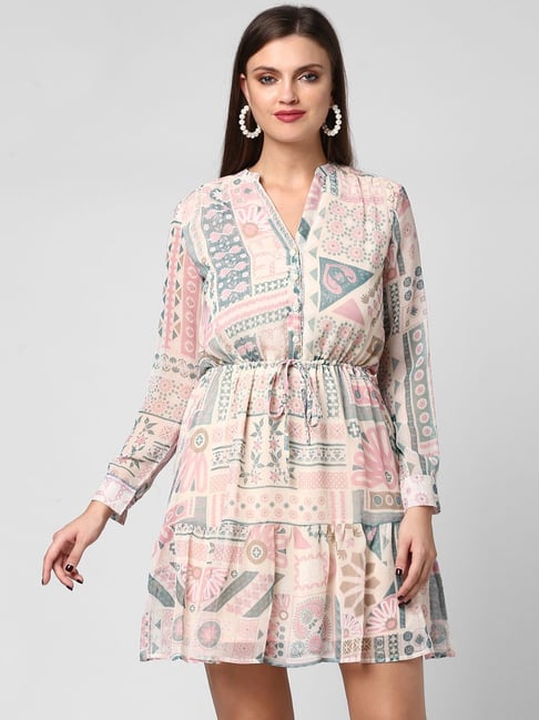 StyleStone Pink & White Printed A Line Dress Price in India
