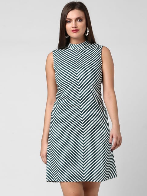 StyleStone Green & White Striped A Line Dress Price in India