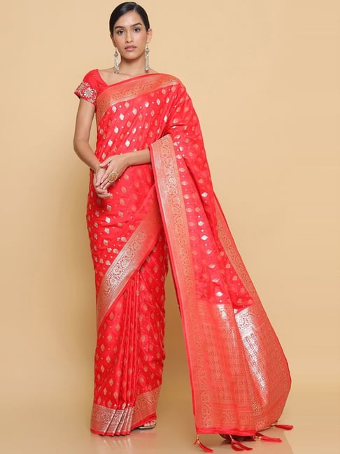 Soch Red Woven Saree With Unstitched Blouse Price in India