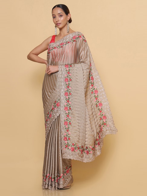 Soch Beige Embroidered Saree With Unstitched Blouse Price in India