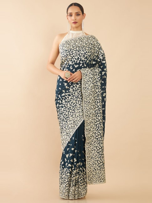Soch Blue Embellished Saree With Unstitched Blouse Price in India