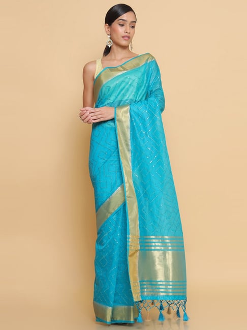 Soch Blue Embellished Saree With Unstitched Blouse Price in India