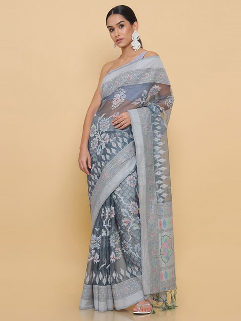 Soch Grey Printed Saree With Unstitched Blouse Price in India