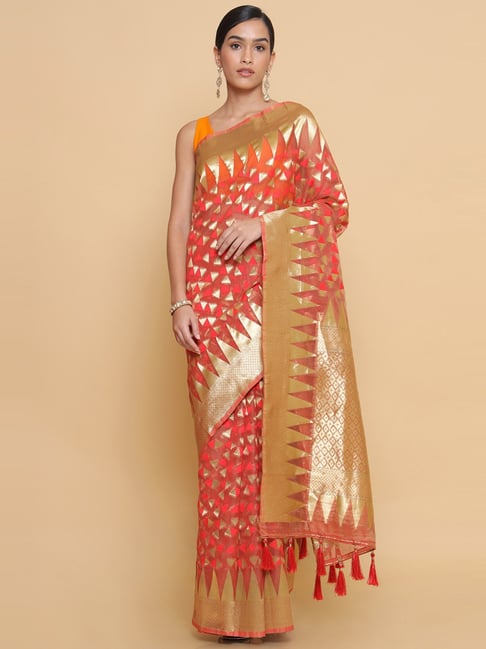 Soch Red Woven Saree With Unstitched Blouse Price in India