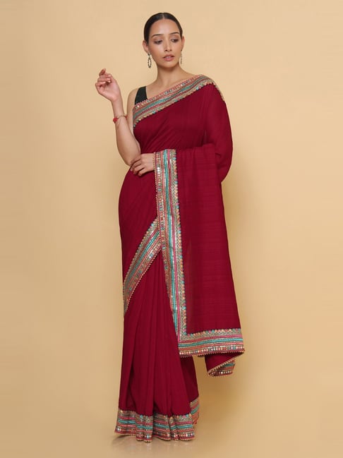 Soch Maroon Woven Saree With Unstitched Blouse Price in India