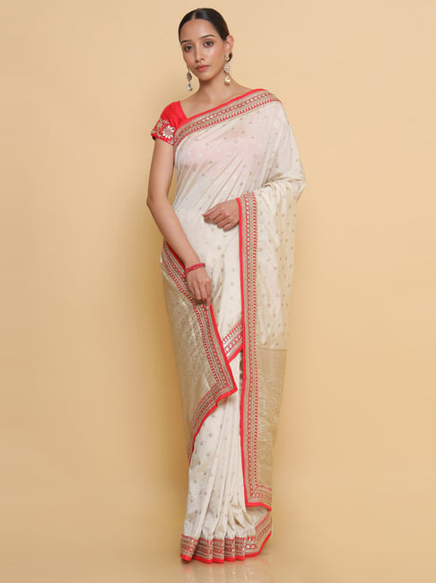 Soch Cream Embellished Saree With Unstitched Blouse Price in India