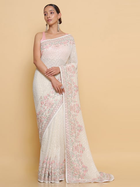 Soch Cream Embroidered Saree With Unstitched Blouse Price in India