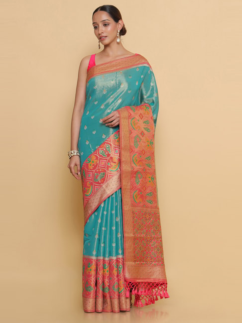 Soch Turquoise Woven Saree With Unstitched Blouse Price in India