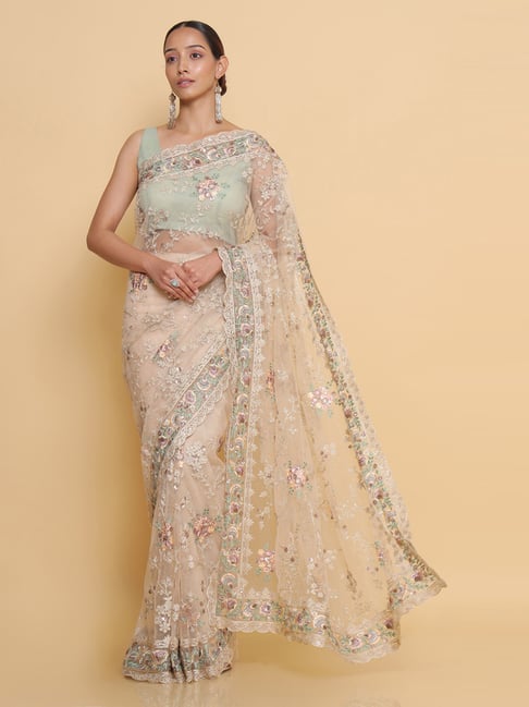 Soch Peach Embroidered Saree With Unstitched Blouse Price in India