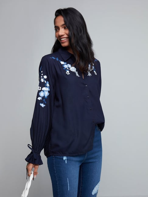 LOV by Westside Navy Floral Embroidered Blouse Price in India