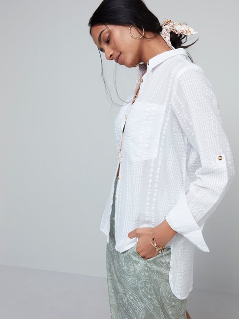 LOV by Westside White Self-Textured High-Low Shirt Price in India