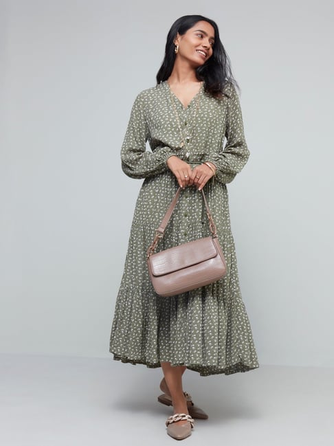 LOV by Westside Olive Roan Tiered Dress with Belt Price in India