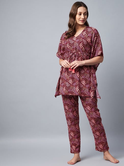 StyleStone Maroon Floral Print Kaftan Top With Pyjamas-picture-22