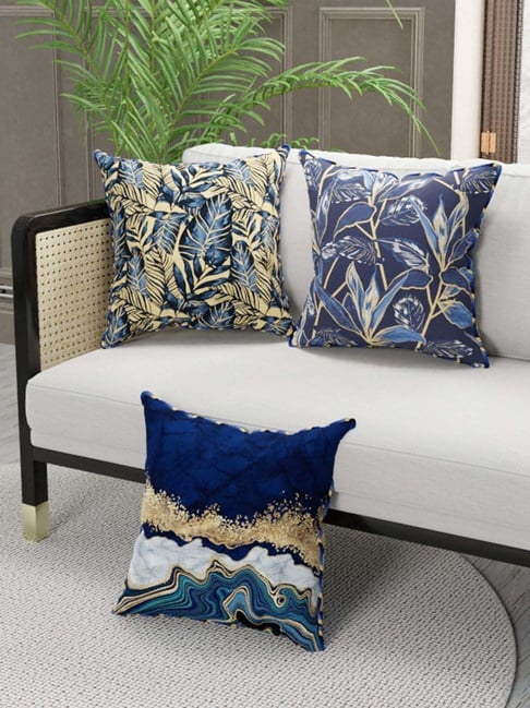 Bianca Suzane Navy & Golden Microfibre Cushion Cover - Set of 3-image-4
