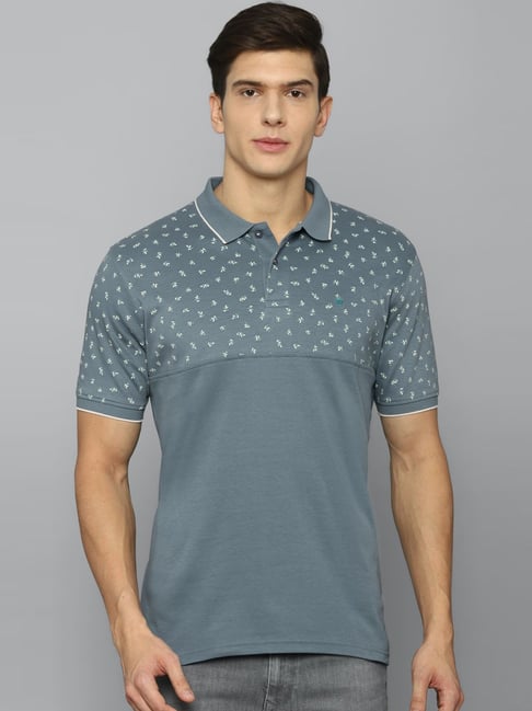 Louis Philippe Grey Cotton Regular Fit Printed Polo T-Shirt
