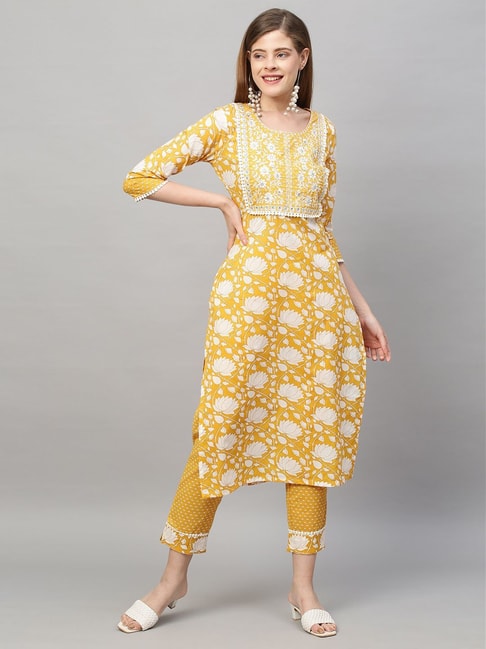 Fashor Yellow Cotton Embroidered Kurta Pant Set Price in India