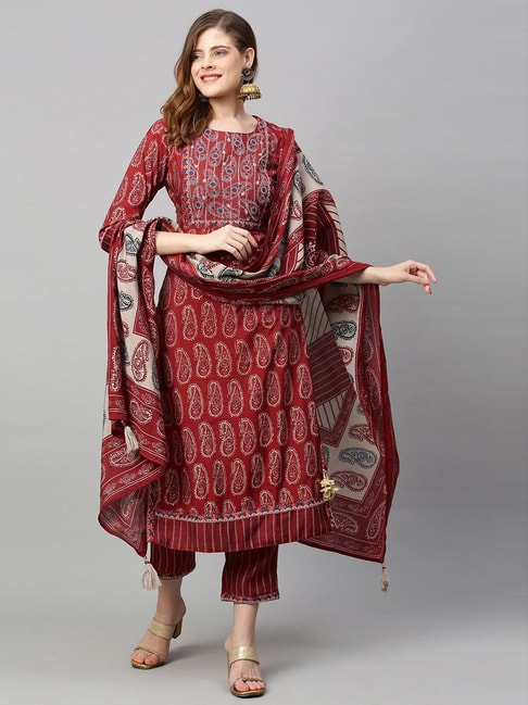 Fashor Maroon Embroidered Kurta Pant Set with Dupatta Price in India