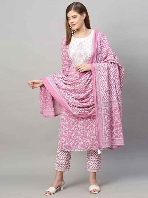 Fashor Purple & White Cotton Printed Kurta Pant Set with Dupatta Price in India