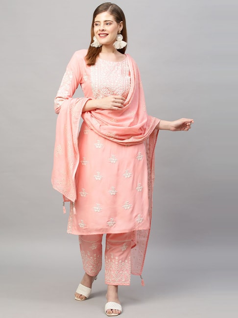 Fashor Pink Embroidered Kurta Pant Set with Dupatta Price in India