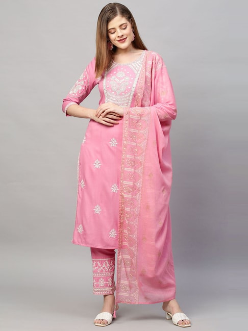 Fashor Pink Embroidered Kurta Pant Set with Dupatta Price in India